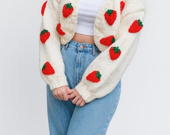 Strawberry Knit Cardigan, embroidery fruit Sweater, Cottagecore school Gifts, Handmade Chunky Crop Cardigan, Aesthetic Knitwear for Girls